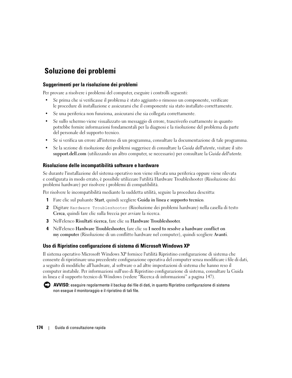 Soluzione dei problemi, Suggerimenti per la risoluzione dei problemi | Dell Precision 390 User Manual | Page 174 / 236