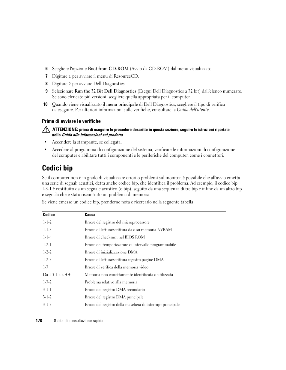 Prima di avviare le verifiche, Codici bip | Dell Precision 390 User Manual | Page 178 / 236