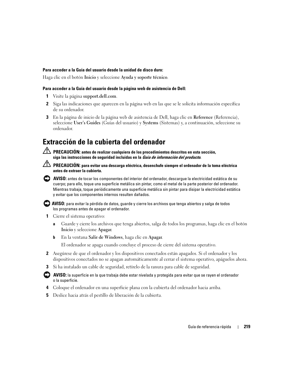 Extracción de la cubierta del ordenador | Dell Precision 390 User Manual | Page 219 / 236