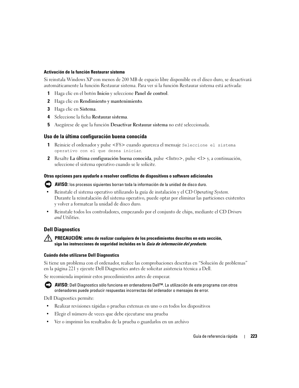 Uso de la última configuración buena conocida, Dell diagnostics | Dell Precision 390 User Manual | Page 223 / 236