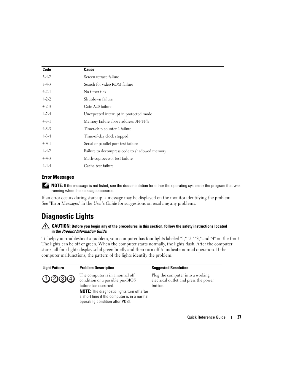 Error messages, Diagnostic lights | Dell Precision 390 User Manual | Page 37 / 236