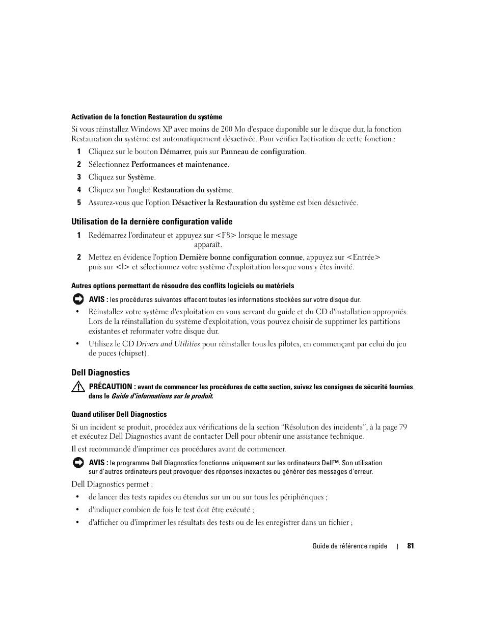 Utilisation de la dernière configuration valide, Dell diagnostics | Dell Precision 390 User Manual | Page 81 / 236