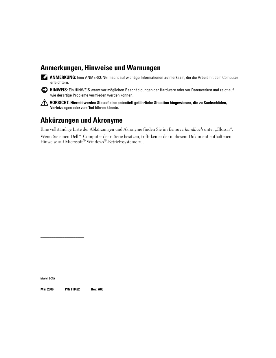 Anmerkungen, hinweise und warnungen, Abkürzungen und akronyme | Dell Precision 390 User Manual | Page 96 / 236