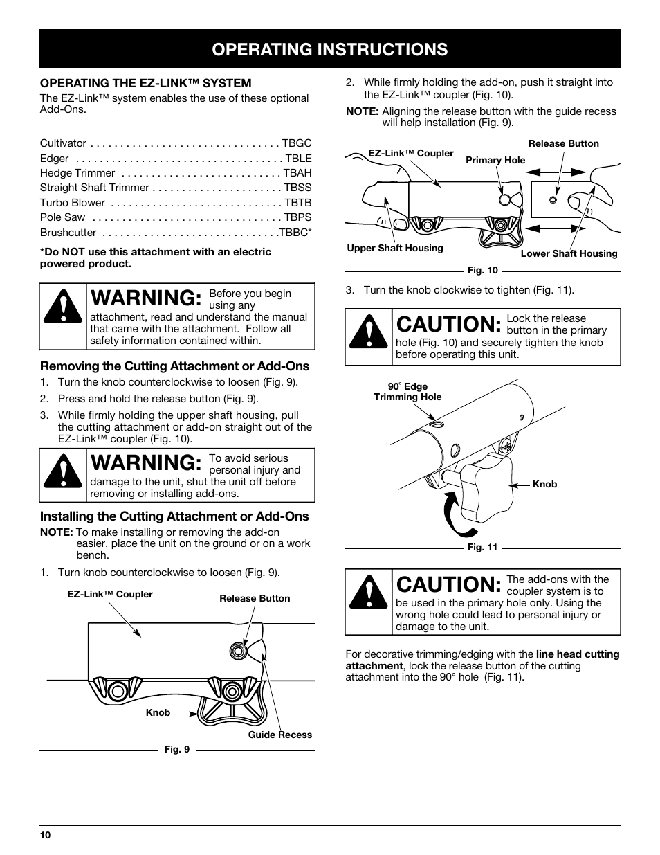 Warning, Caution, Operating instructions | Troy-Bilt TB20CS User Manual | Page 10 / 64