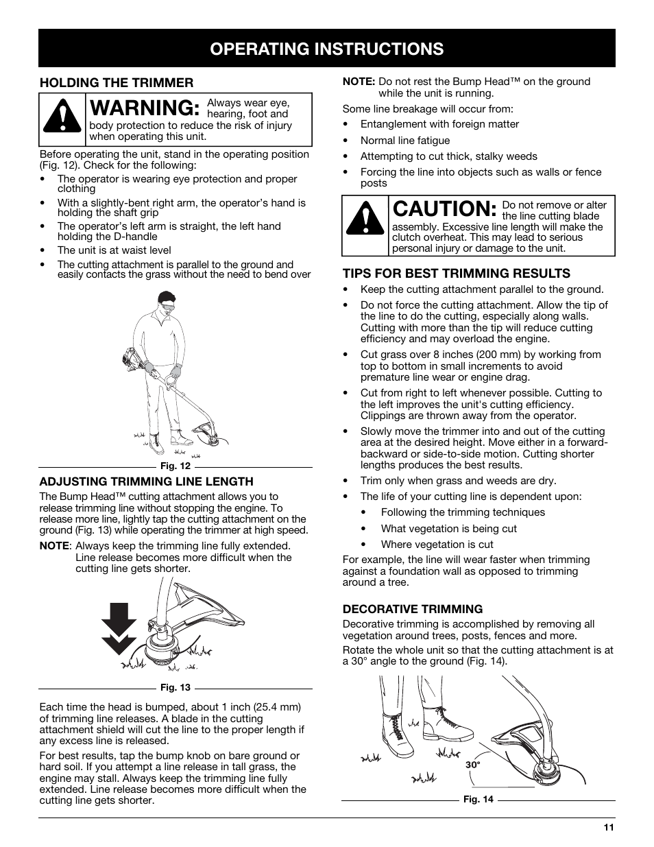 Caution, Warning, Operating instructions | Troy-Bilt TB20CS User Manual | Page 11 / 64