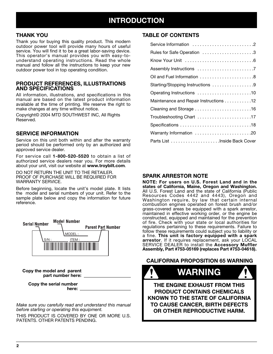 Warning, Introduction | Troy-Bilt TB20CS User Manual | Page 2 / 64