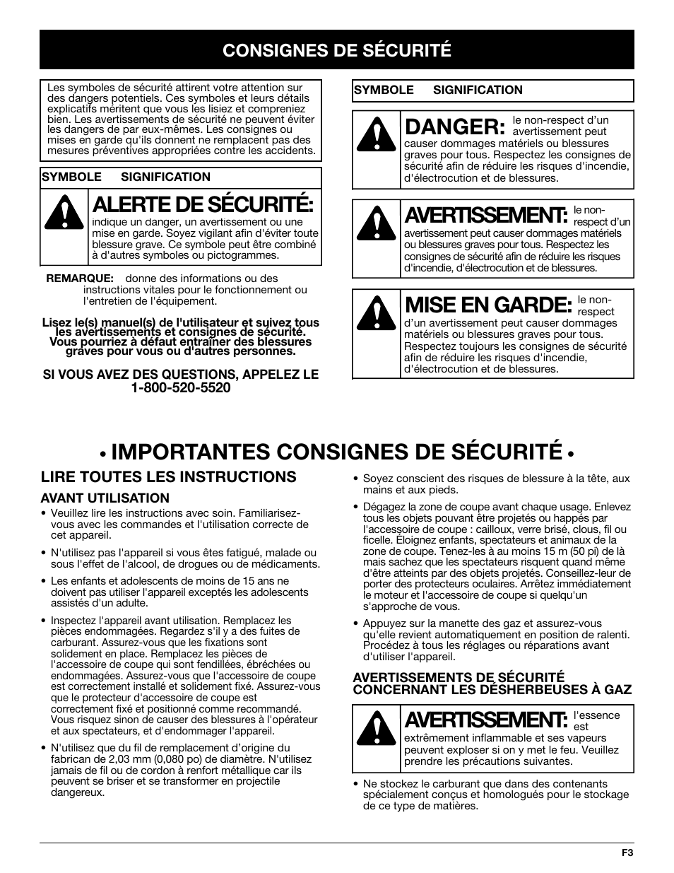 Avertissement, Danger, Mise en garde | Alerte de sécurité, Importantes consignes de sécurité, Consignes de sécurité | Troy-Bilt TB20CS User Manual | Page 23 / 64