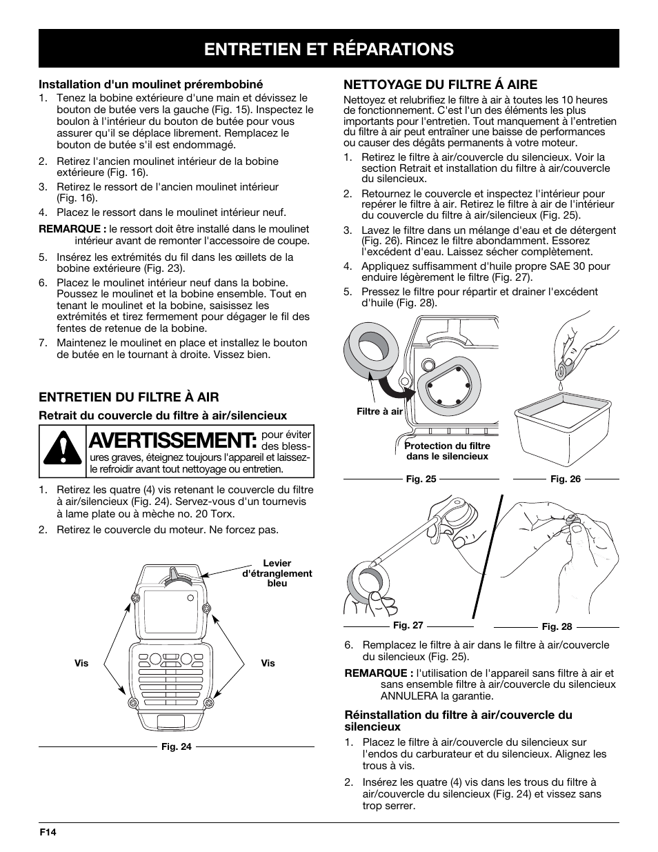 Avertissement, Entretien et réparations | Troy-Bilt TB20CS User Manual | Page 34 / 64