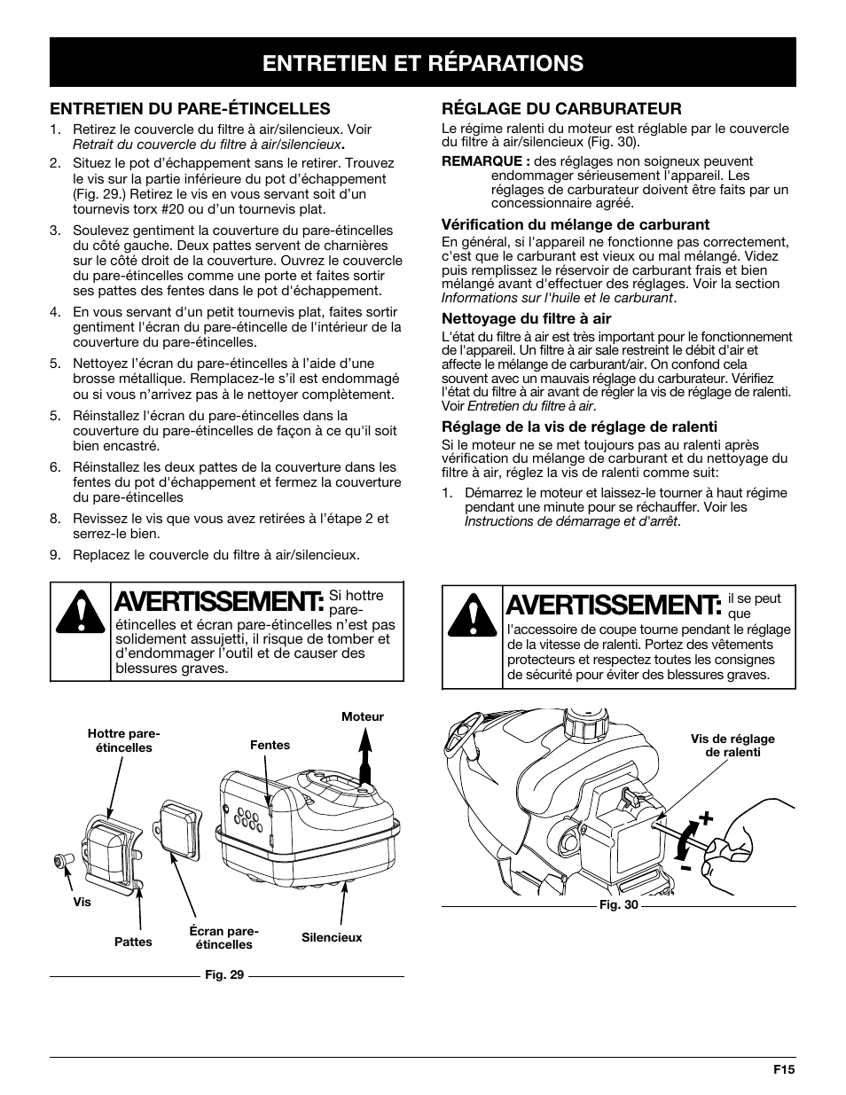 Avertissement, Entretien et réparations | Troy-Bilt TB20CS User Manual | Page 35 / 64