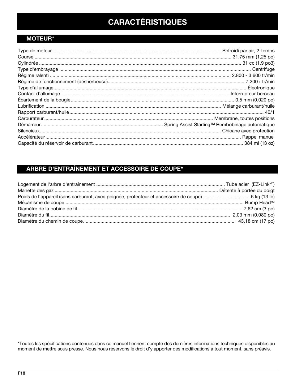 Caractéristiques | Troy-Bilt TB20CS User Manual | Page 38 / 64