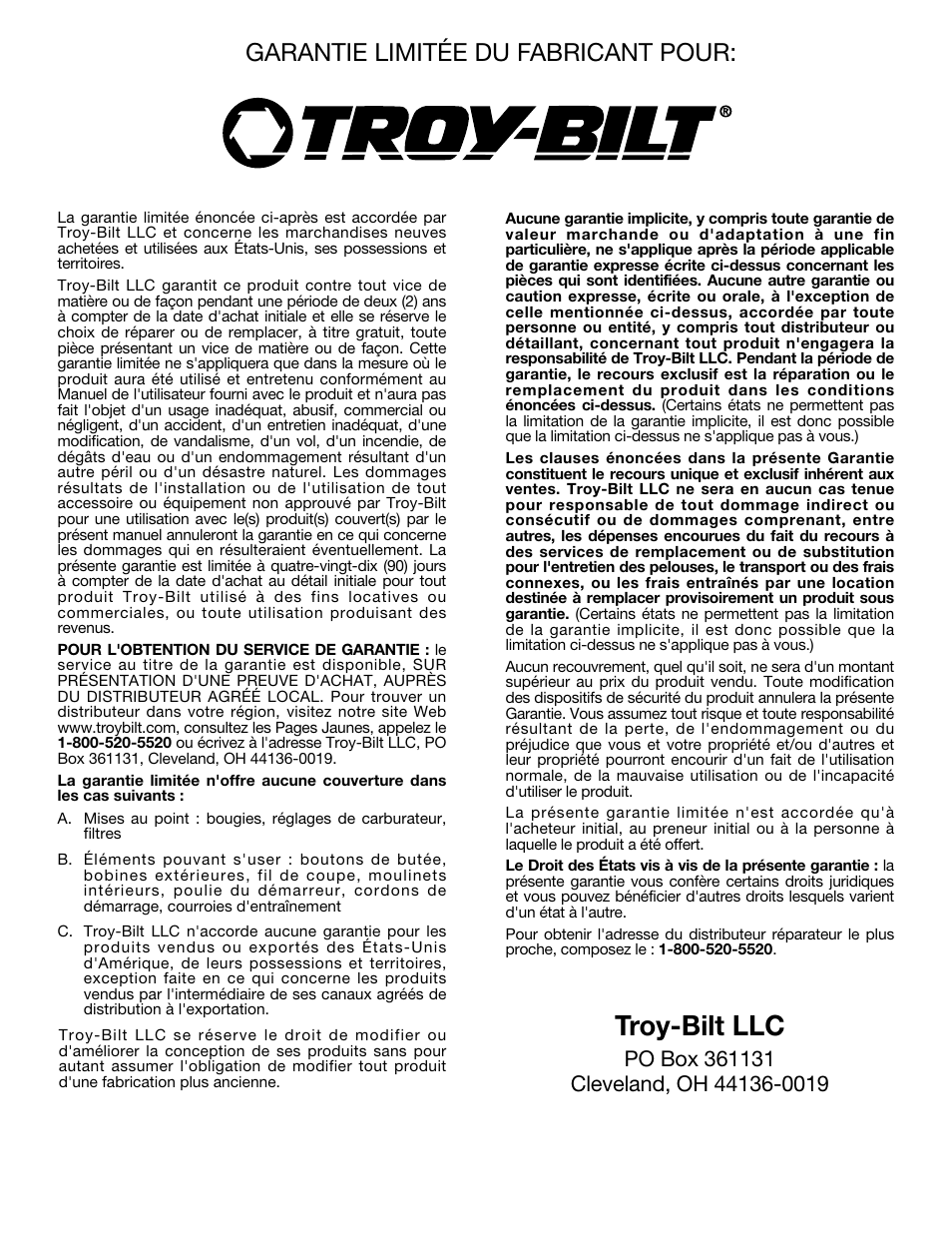 Troy-bilt llc, Garantie limitée du fabricant pour | Troy-Bilt TB20CS User Manual | Page 40 / 64