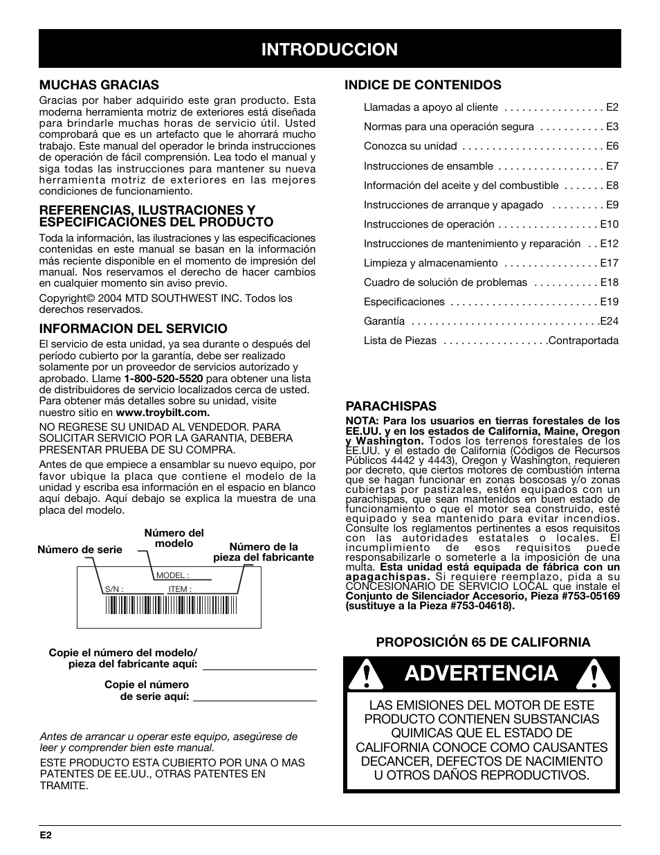 Advertencia, Introduccion | Troy-Bilt TB20CS User Manual | Page 42 / 64