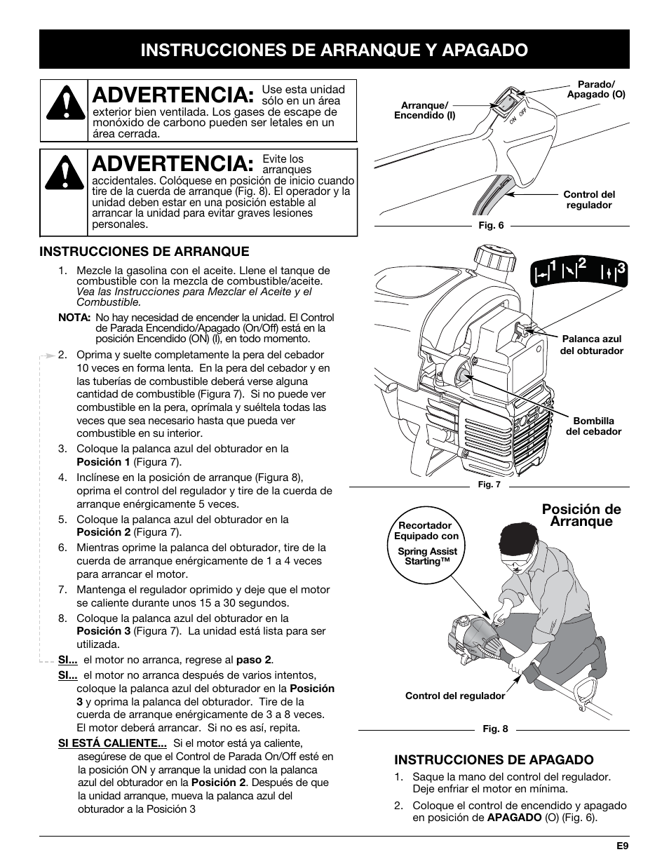 Advertencia, Instrucciones de arranque y apagado, Posición de arranque | Troy-Bilt TB20CS User Manual | Page 49 / 64