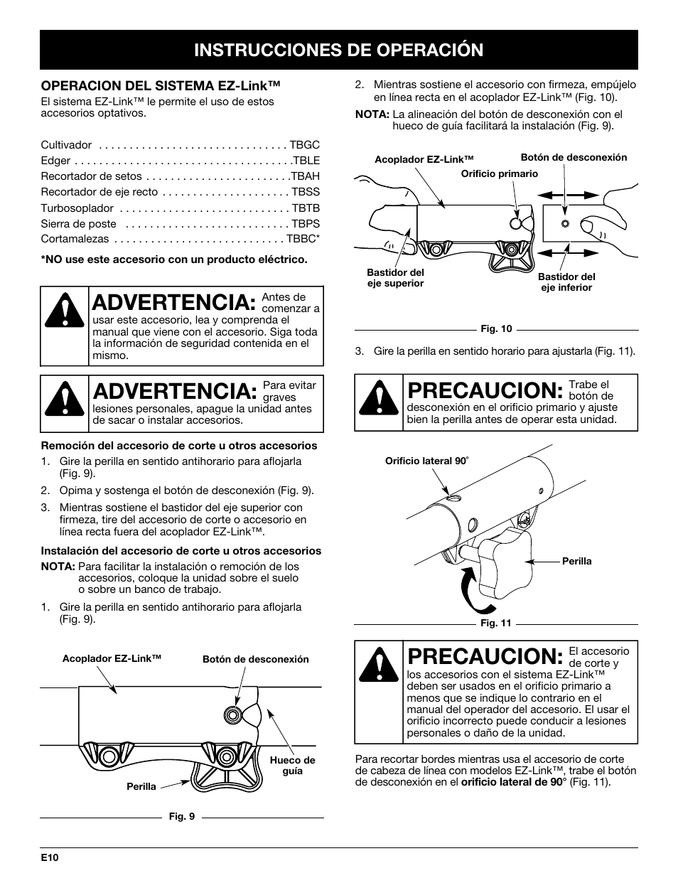 Precaucion, Advertencia, Instrucciones de operación | Troy-Bilt TB20CS User Manual | Page 50 / 64