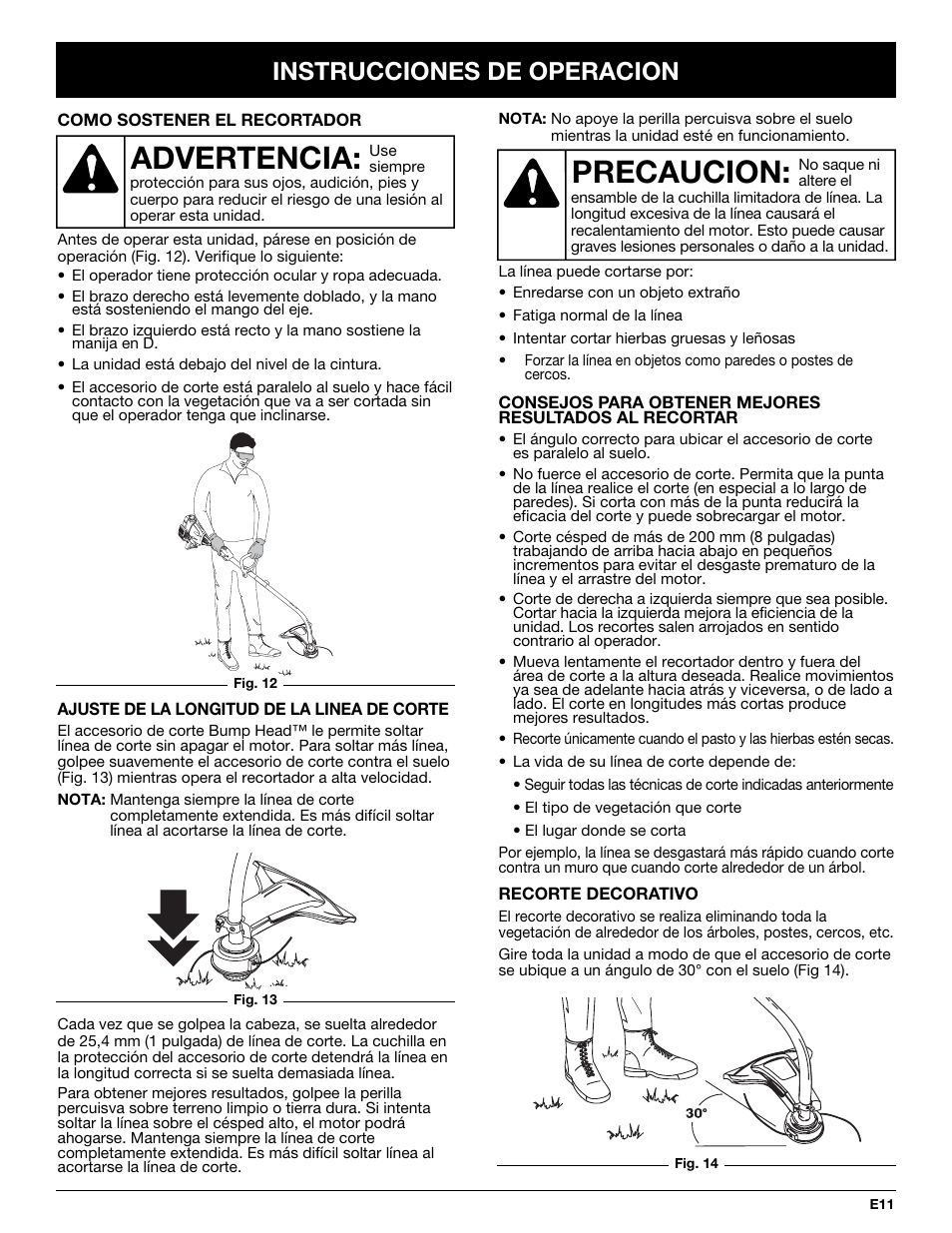 Advertencia, Precaucion, Instrucciones de operacion | Troy-Bilt TB20CS User Manual | Page 51 / 64