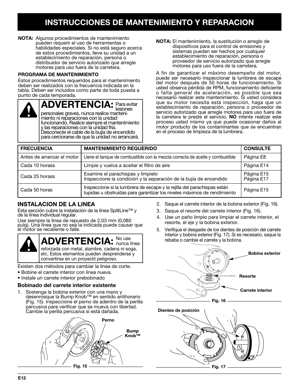 Advertencia, Instrucciones de mantenimiento y reparacion | Troy-Bilt TB20CS User Manual | Page 52 / 64