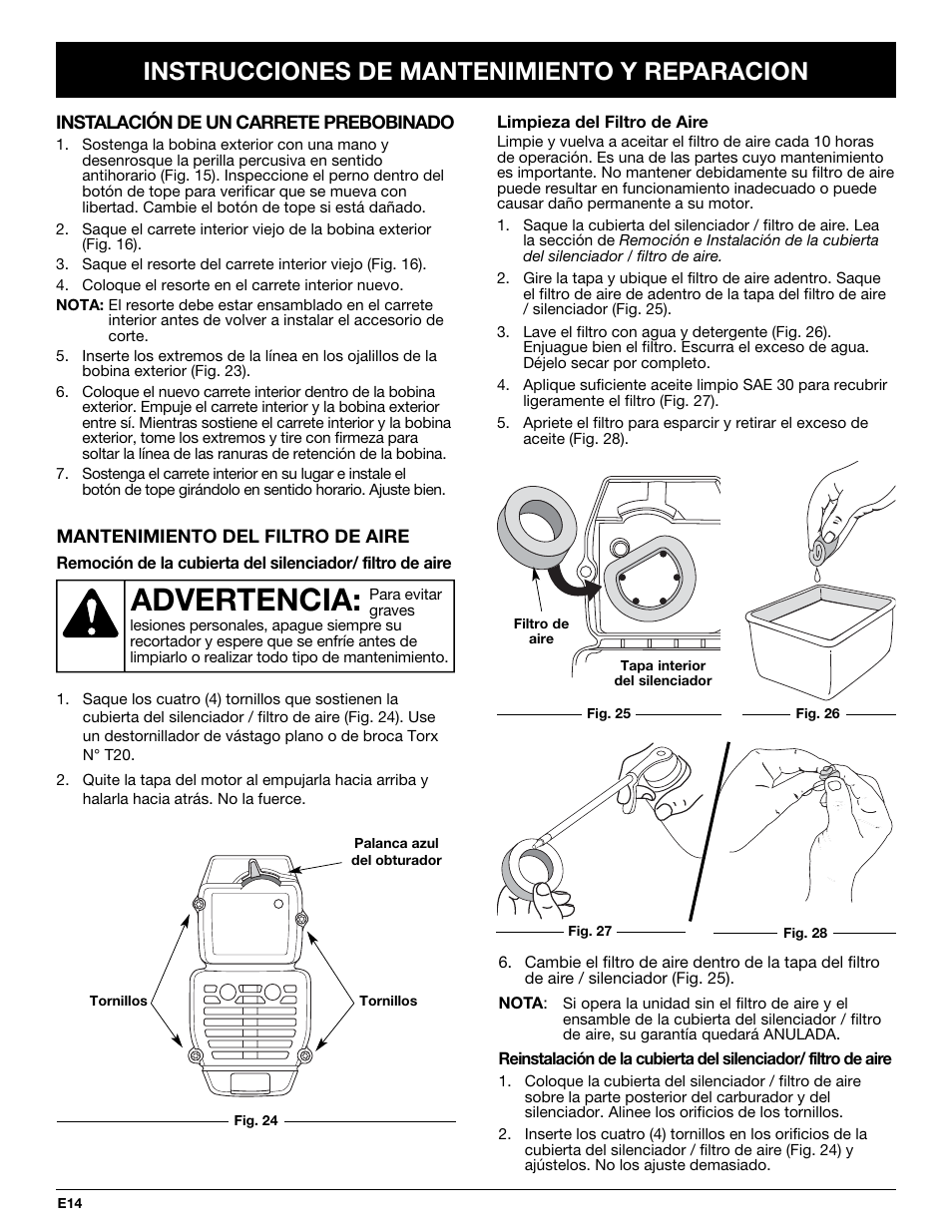 Advertencia, Instrucciones de mantenimiento y reparacion | Troy-Bilt TB20CS User Manual | Page 54 / 64