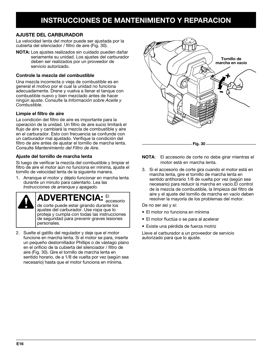 Advertencia, Instrucciones de mantenimiento y reparacion | Troy-Bilt TB20CS User Manual | Page 56 / 64