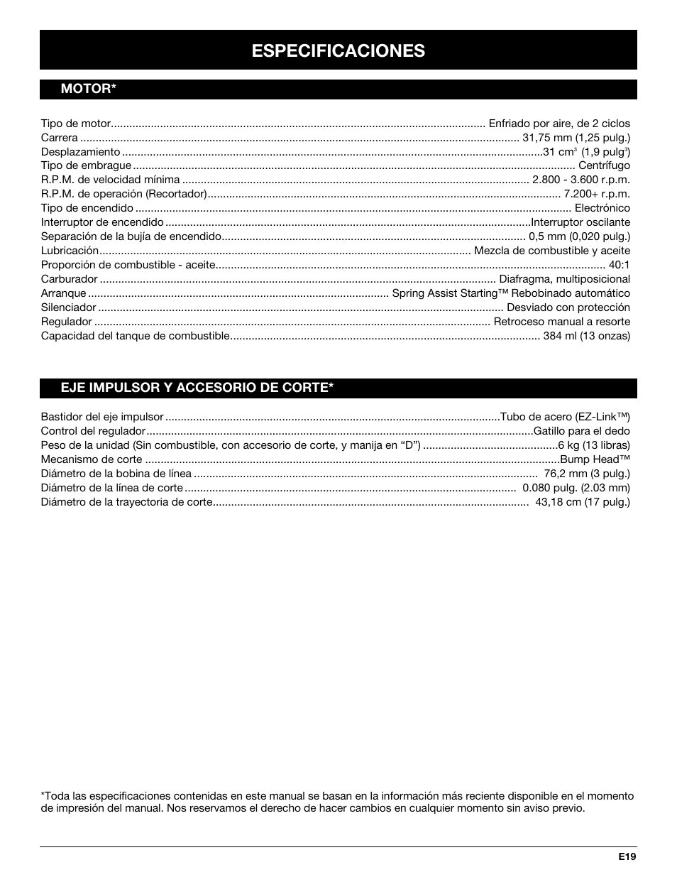 Especificaciones | Troy-Bilt TB20CS User Manual | Page 59 / 64
