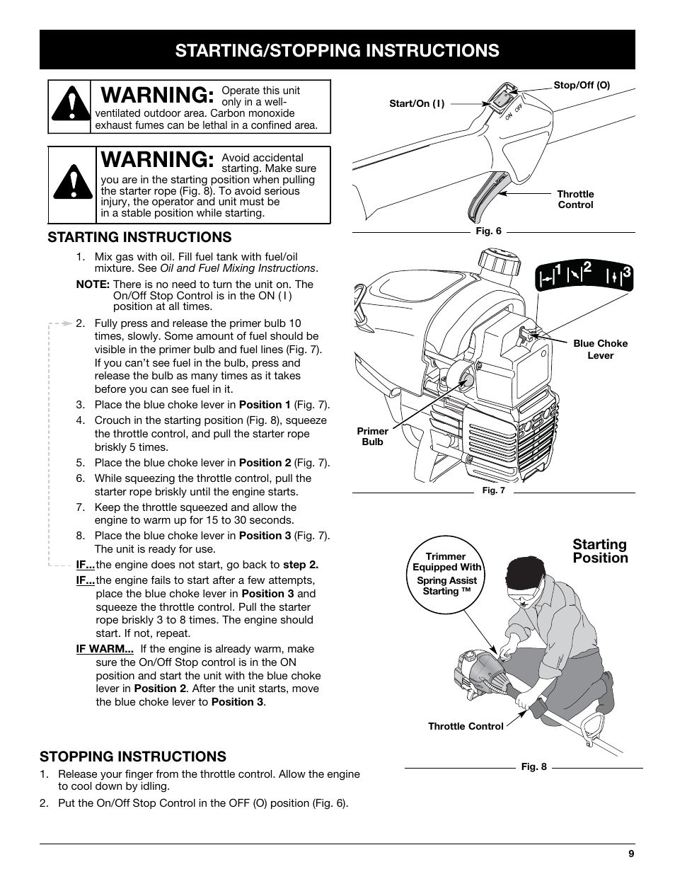 Warning, Starting/stopping instructions, Starting instructions | Stopping instructions, Starting position | Troy-Bilt TB20CS User Manual | Page 9 / 64