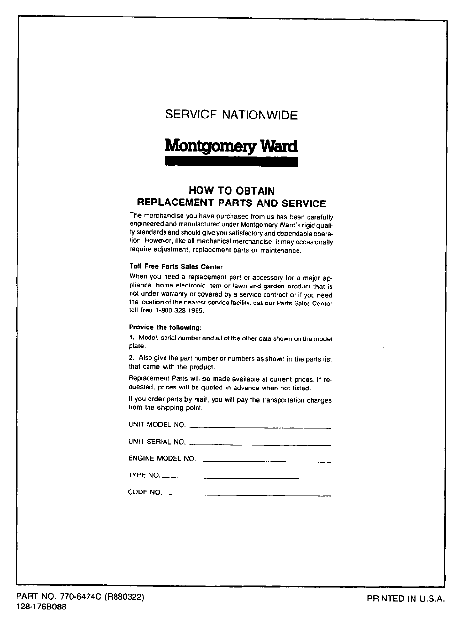 Montgomeiy ward, Service nationwide, How to obtain replacement parts and service | Bolens TMO-37478A User Manual | Page 24 / 24