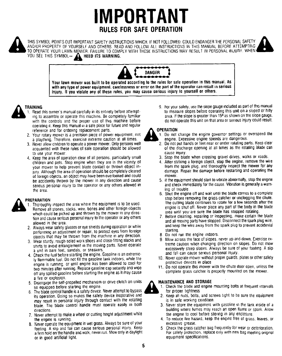 Important, Rules for safe operation | Bolens TMO-37478A User Manual | Page 5 / 24