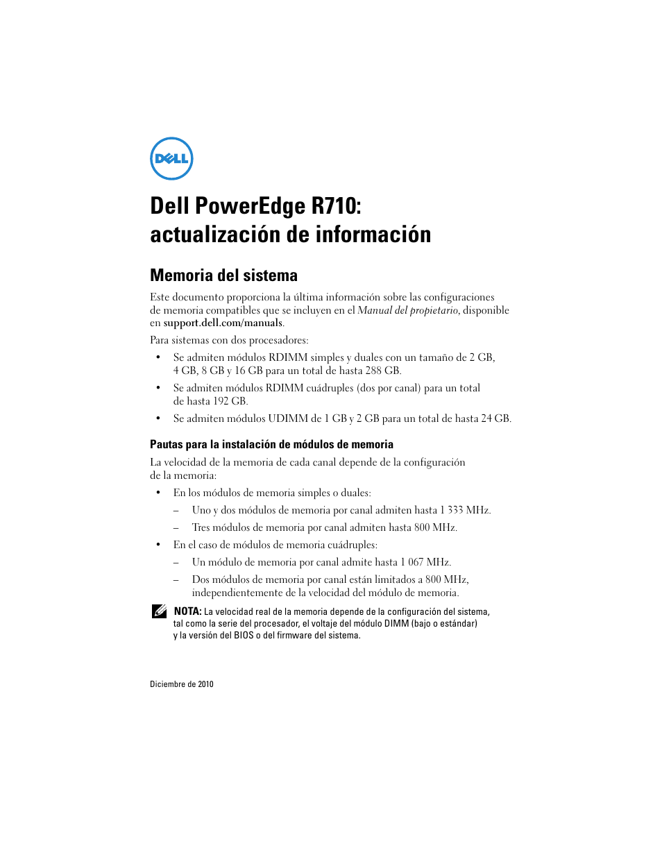 Dell poweredge r710: actualización de información, Memoria del sistema, Pautas para la instalación de módulos de memoria | Dell POWEREDGE R710 User Manual | Page 13 / 14