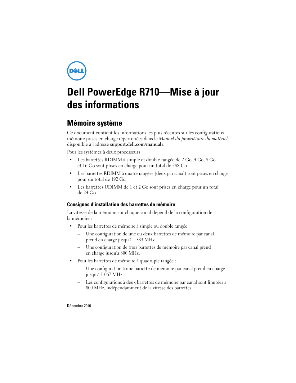 Dell poweredge r710-mise à jour des informations, Mémoire système, Consignes d'installation des barrettes de mémoire | Dell poweredge r710—mise à jour des informations | Dell POWEREDGE R710 User Manual | Page 5 / 14