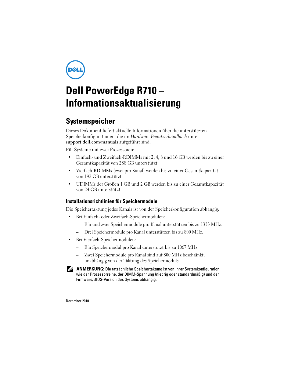 Dell poweredge r710 - informationsaktualisierung, Systemspeicher, Installationsrichtlinien für speichermodule | Dell poweredge r710 – informationsaktualisierung | Dell POWEREDGE R710 User Manual | Page 7 / 14