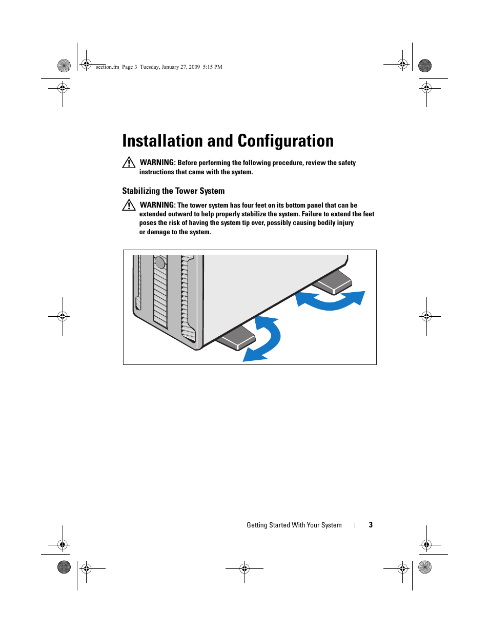 Installation and configuration, Stabilizing the tower system | Dell PowerEdge T410 User Manual | Page 5 / 50