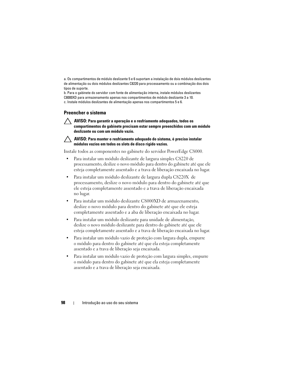 Preencher o sistema | Dell PowerEdge C8000 User Manual | Page 100 / 178
