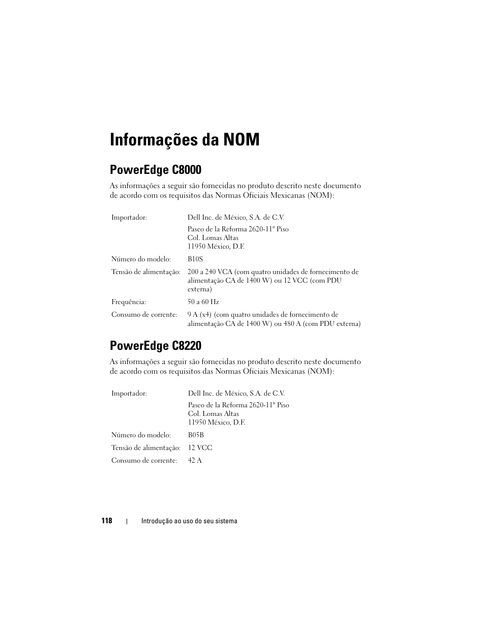 Informações da nom, Poweredge c8000, Poweredge c8220 | Dell PowerEdge C8000 User Manual | Page 120 / 178