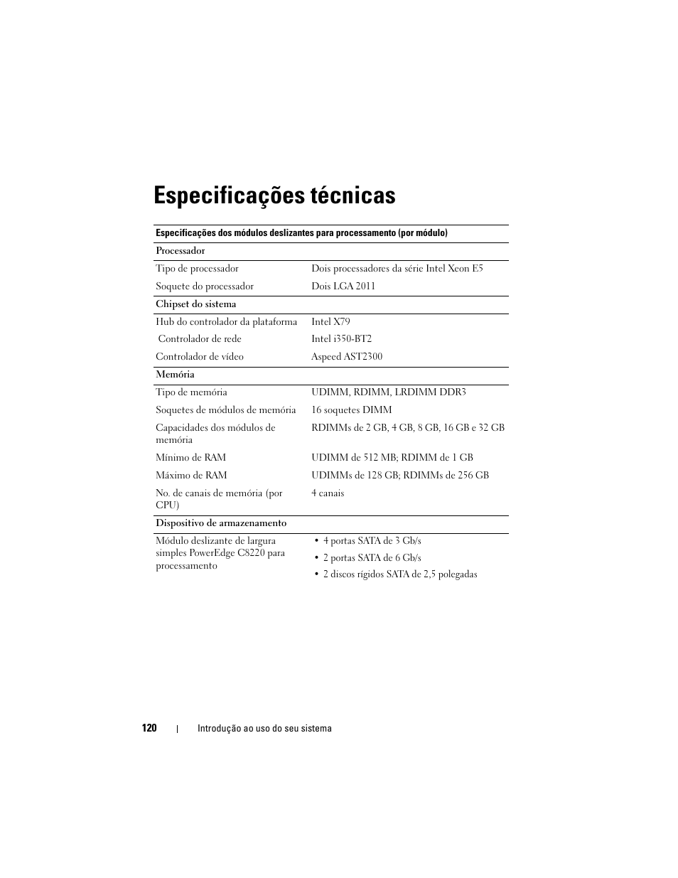 Especificações técnicas | Dell PowerEdge C8000 User Manual | Page 122 / 178