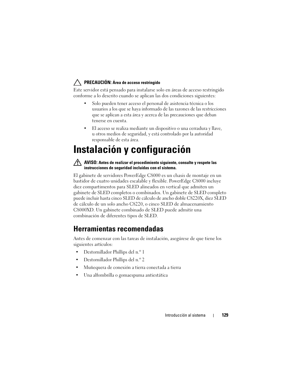 Instalación y configuración, Herramientas recomendadas | Dell PowerEdge C8000 User Manual | Page 131 / 178