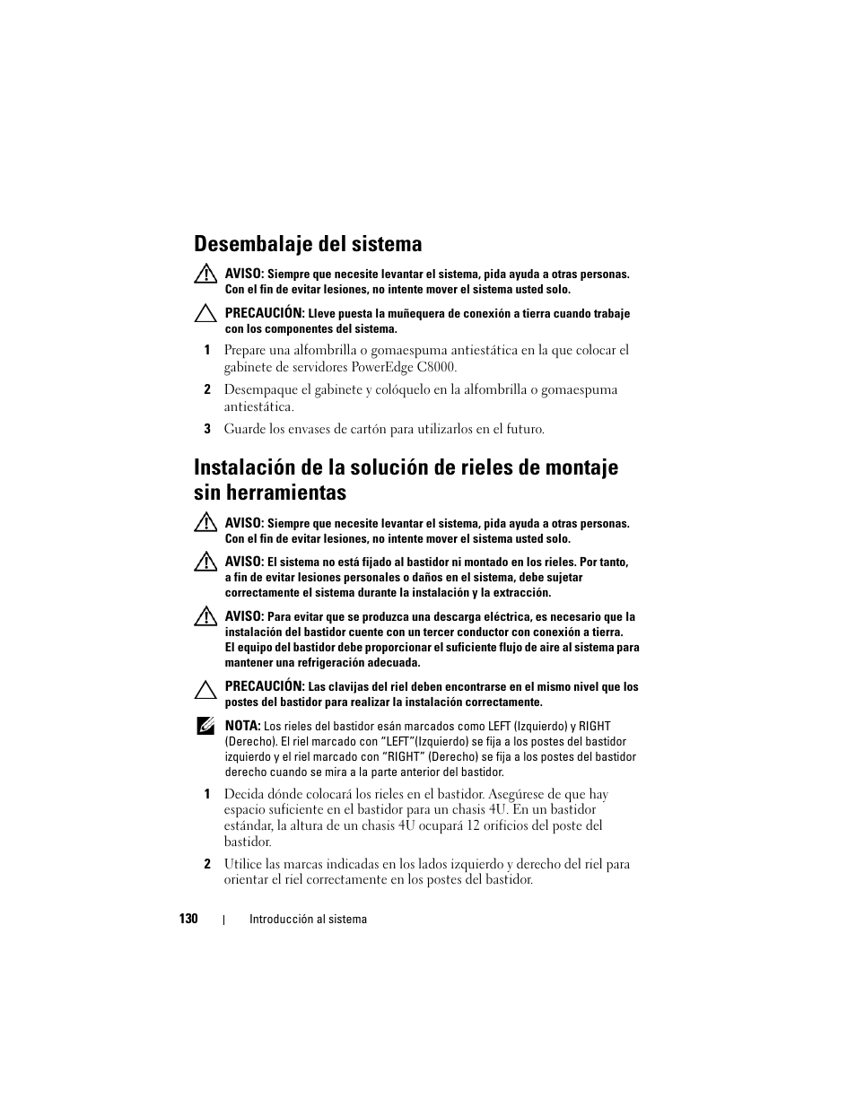 Desembalaje del sistema | Dell PowerEdge C8000 User Manual | Page 132 / 178