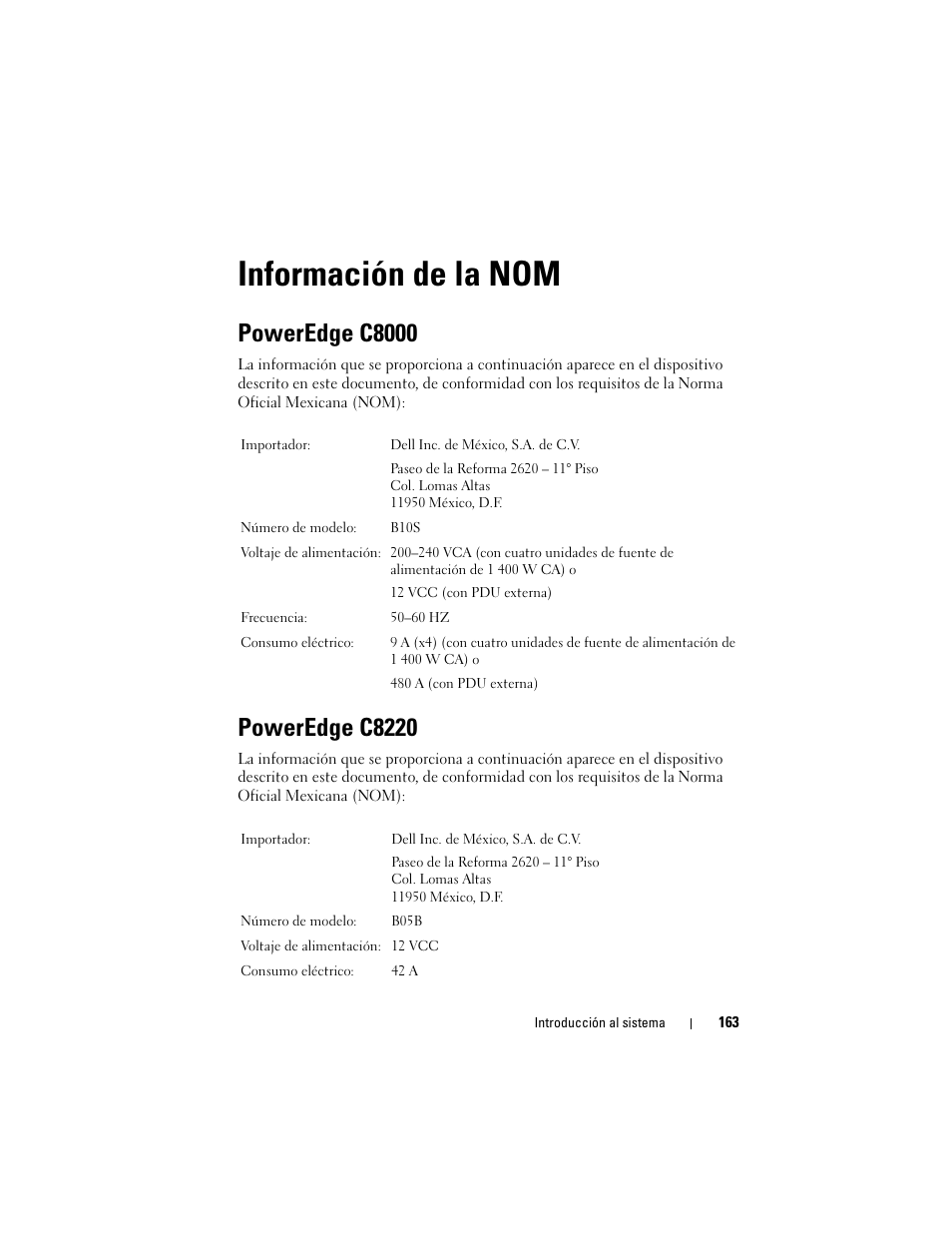 Información de la nom, Poweredge c8000, Poweredge c8220 | Dell PowerEdge C8000 User Manual | Page 165 / 178