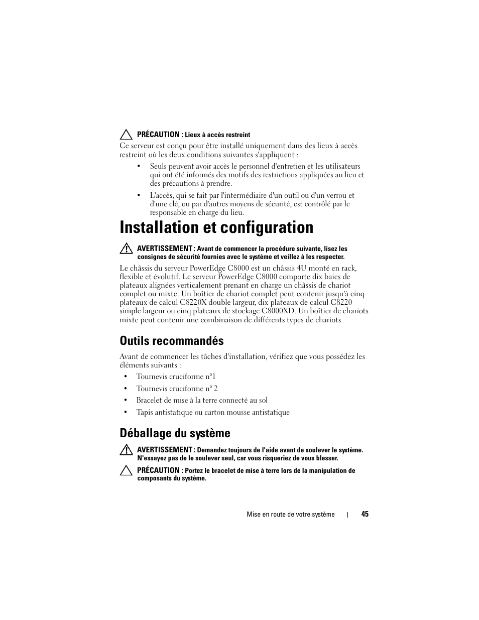 Installation et configuration, Outils recommandés, Déballage du système | Dell PowerEdge C8000 User Manual | Page 47 / 178