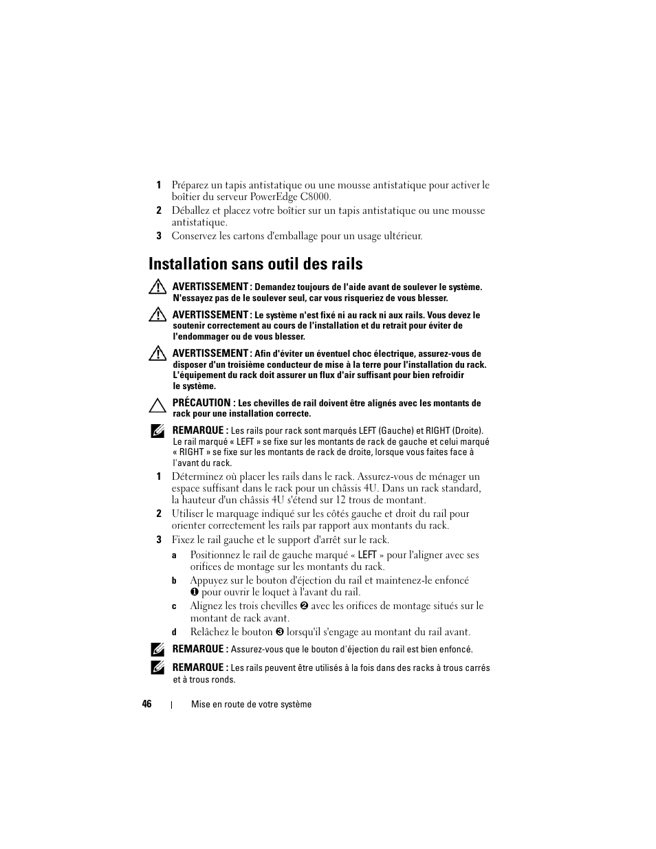 Installation sans outil des rails | Dell PowerEdge C8000 User Manual | Page 48 / 178