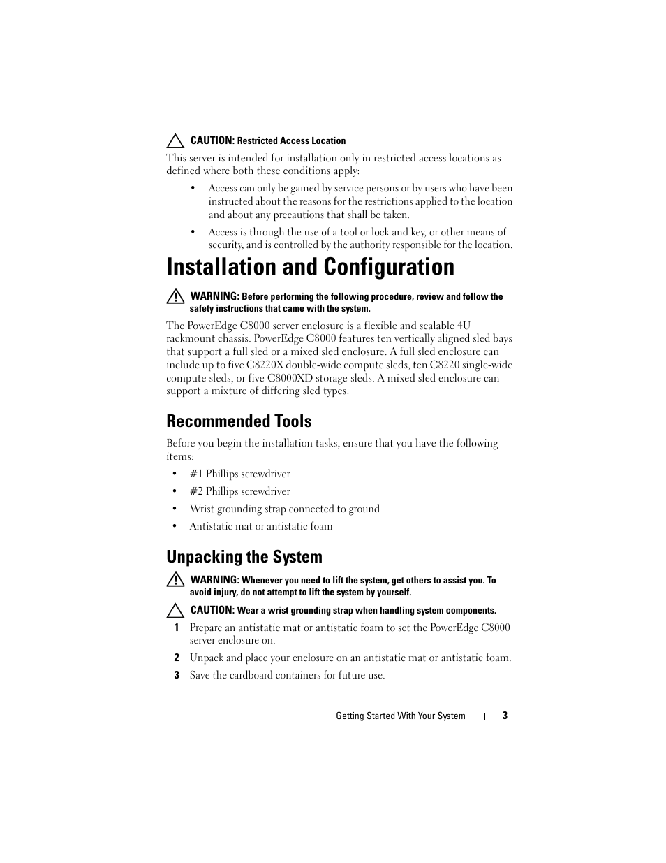Installation and configuration, Recommended tools, Unpacking the system | Dell PowerEdge C8000 User Manual | Page 5 / 178