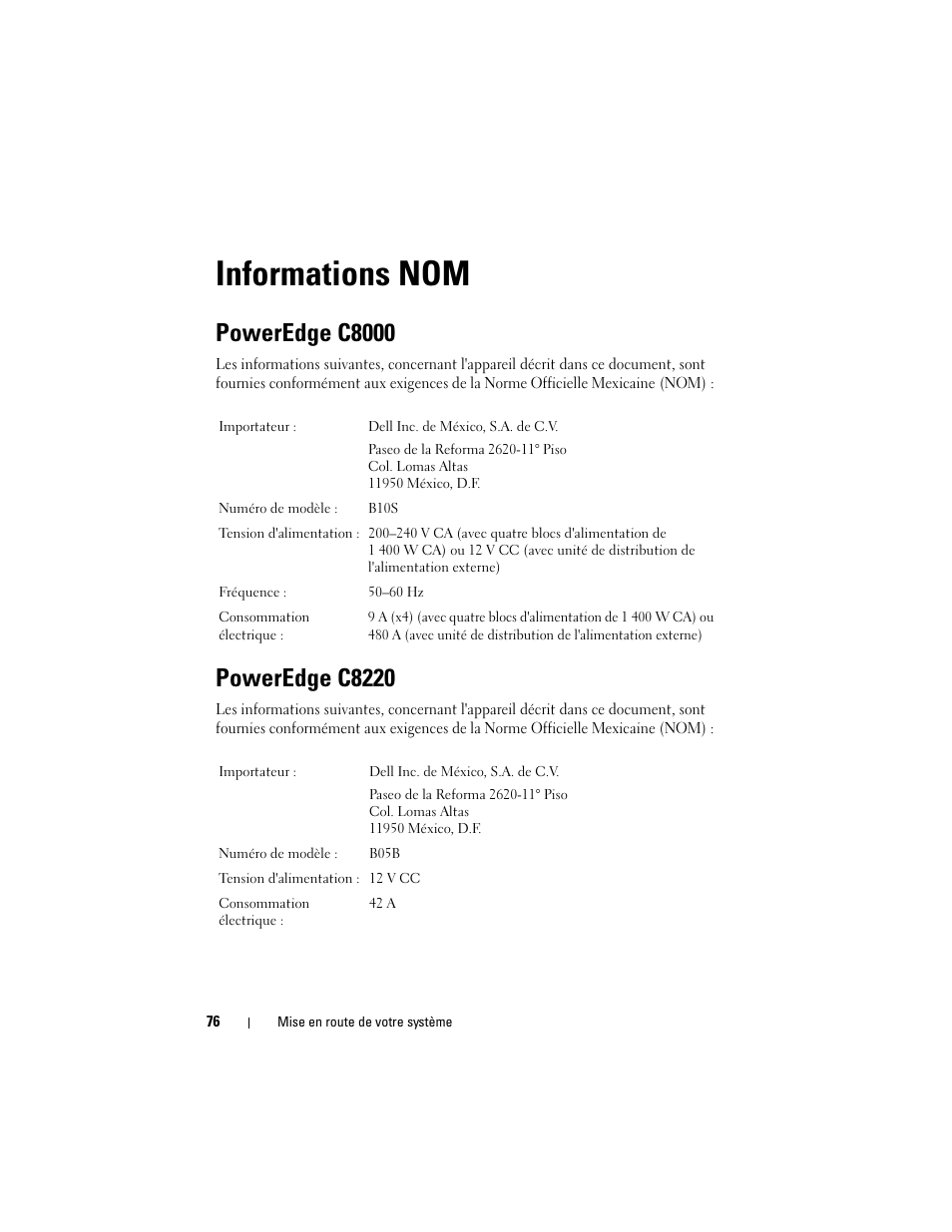 Informations nom, Poweredge c8000, Poweredge c8220 | Dell PowerEdge C8000 User Manual | Page 78 / 178