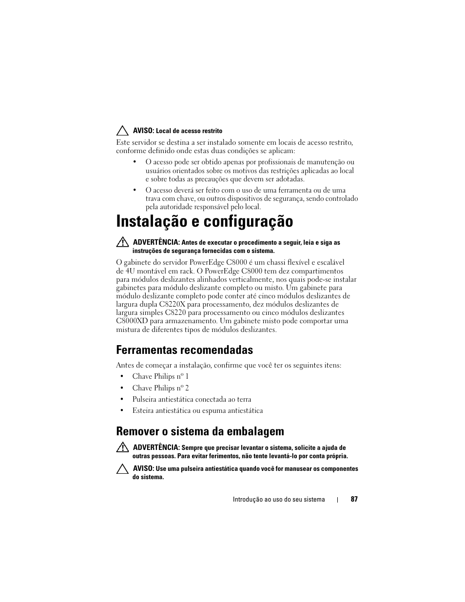 Instalação e configuração, Ferramentas recomendadas, Remover o sistema da embalagem | Dell PowerEdge C8000 User Manual | Page 89 / 178