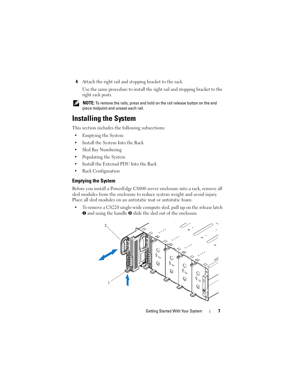 Installing the system, Emptying the system | Dell PowerEdge C8000 User Manual | Page 9 / 178