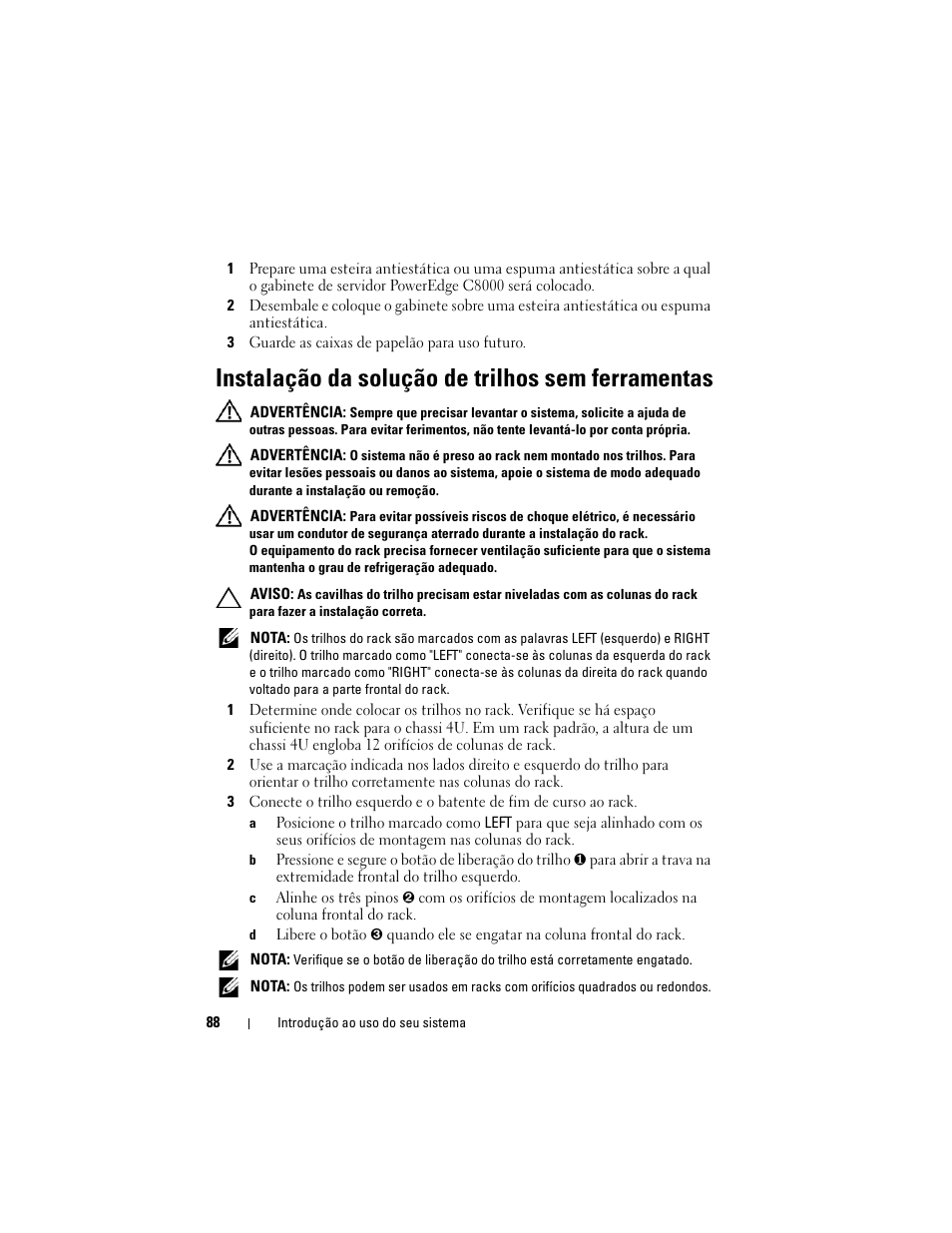Instalação da solução de trilhos sem ferramentas | Dell PowerEdge C8000 User Manual | Page 90 / 178