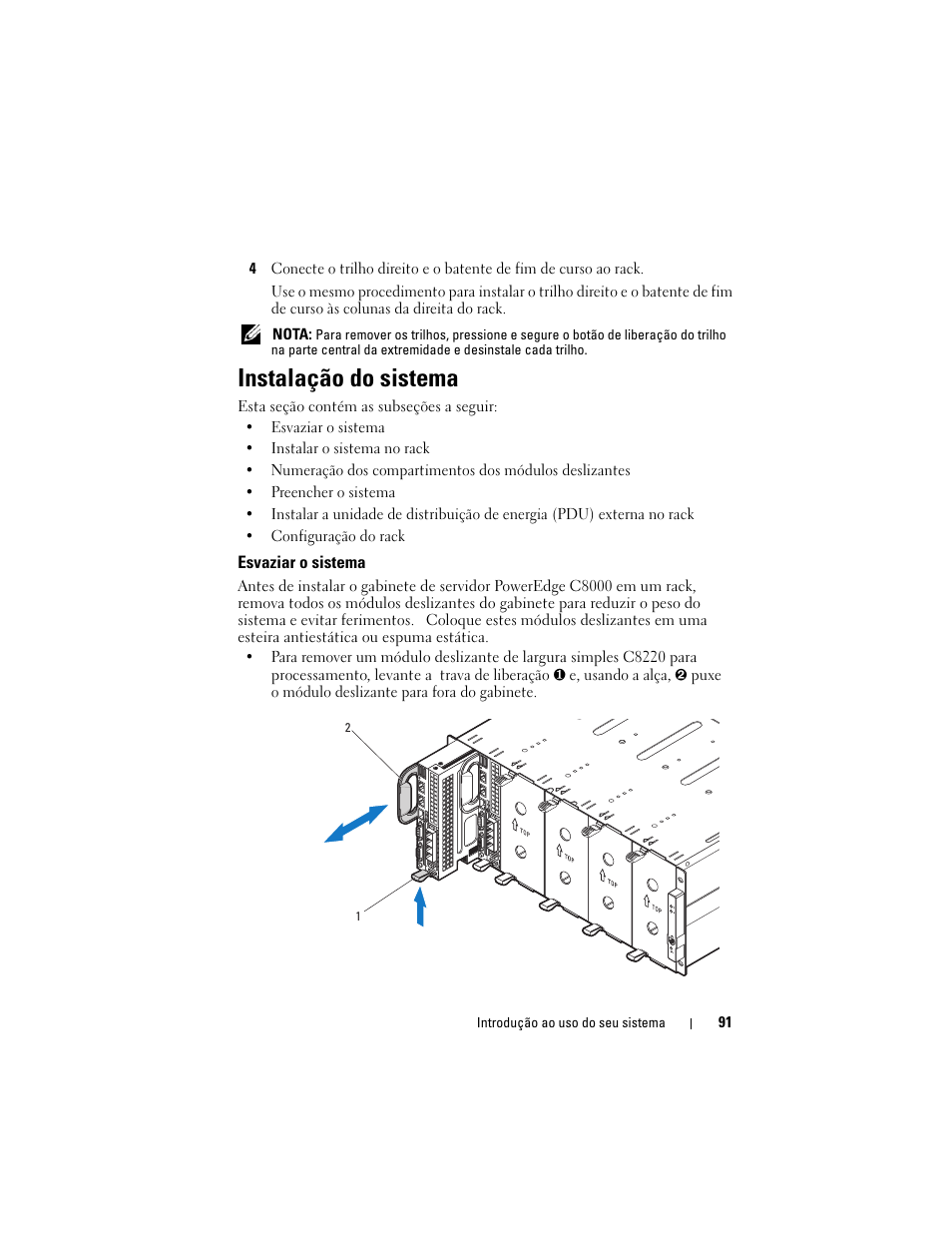 Instalação do sistema, Esvaziar o sistema | Dell PowerEdge C8000 User Manual | Page 93 / 178