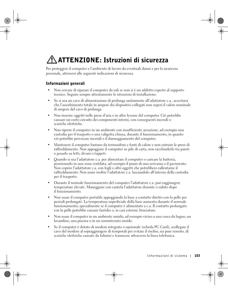 Attenzione: istruzioni di sicurezza, Informazioni generali | Dell LATITUDE D400 User Manual | Page 105 / 178