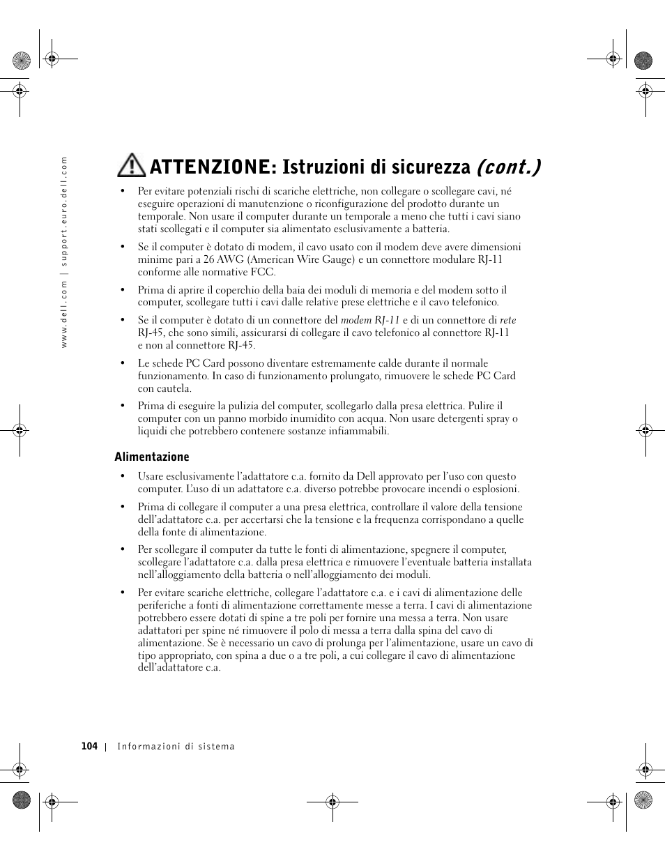 Alimentazione, Attenzione: istruzioni di sicurezza (cont.) | Dell LATITUDE D400 User Manual | Page 106 / 178