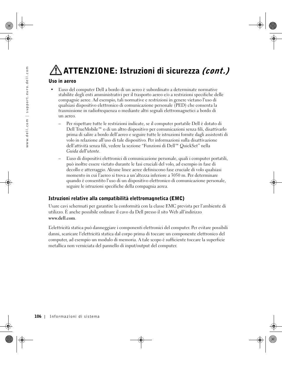 Uso in aereo, Attenzione: istruzioni di sicurezza (cont.) | Dell LATITUDE D400 User Manual | Page 108 / 178