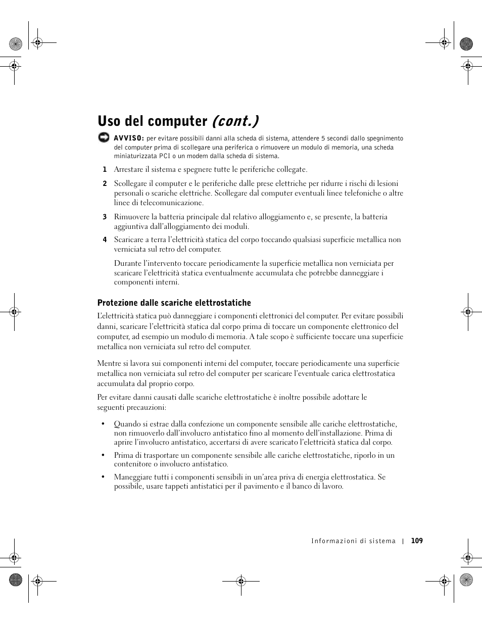 Protezione dalle scariche elettrostatiche, Uso del computer (cont.) | Dell LATITUDE D400 User Manual | Page 111 / 178