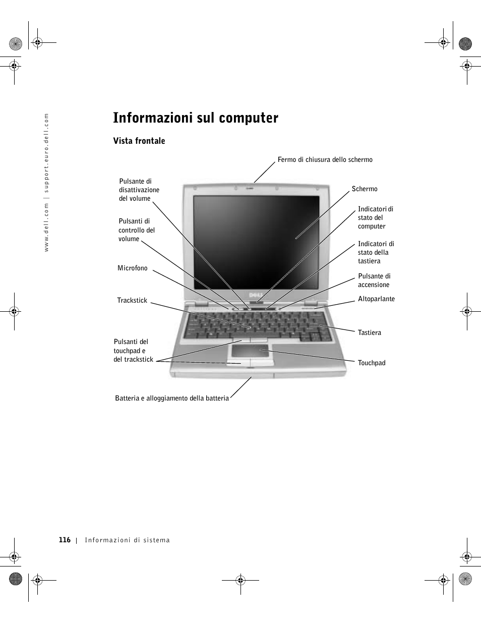 Informazioni sul computer, Vista frontale | Dell LATITUDE D400 User Manual | Page 118 / 178