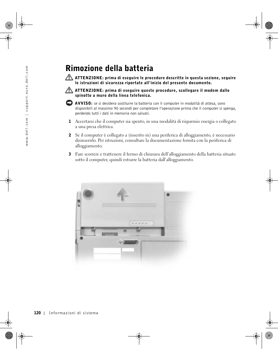 Rimozione della batteria | Dell LATITUDE D400 User Manual | Page 122 / 178